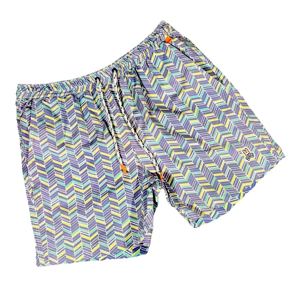 PSYCHO BUNNY chevron Daphne Herringbone Small Lined Volley Shorts Beach Swim